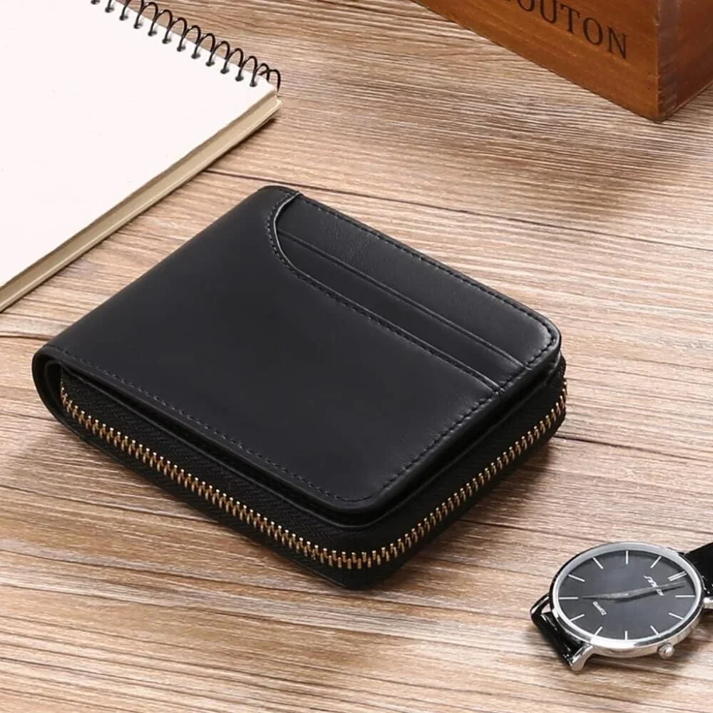 Men's A-Black Wallets Genuine Leather Front Around Zip Pocket Credit Card